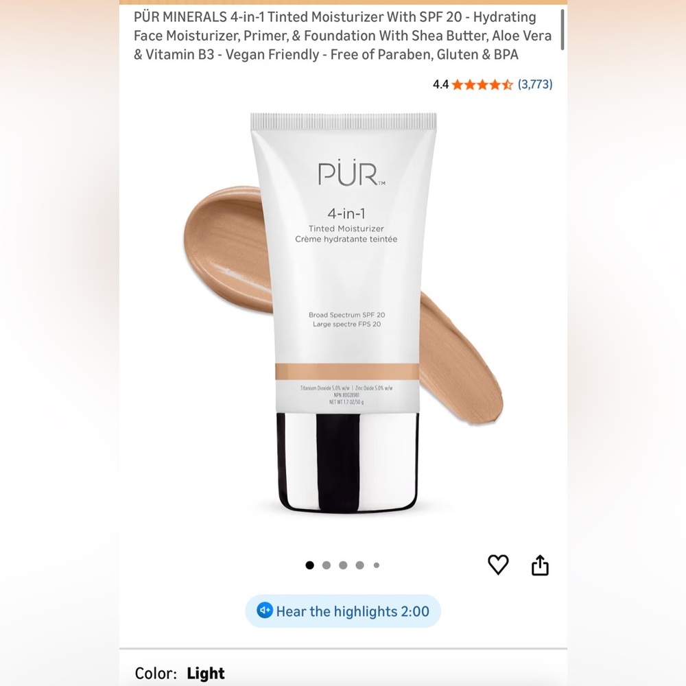 PUR 4-in-1 Tinted Moisturizer with SPF 20 - Light New in Box and Sealed